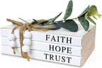 3 Pieces Wooden Decorative White Books, Rustic Farmhouse Faux Books for Coffee Table Shelves with Wood Bead Tassels and Leaves, 7'x 4.6'x 2.5' (Faith, Hope, Trust)