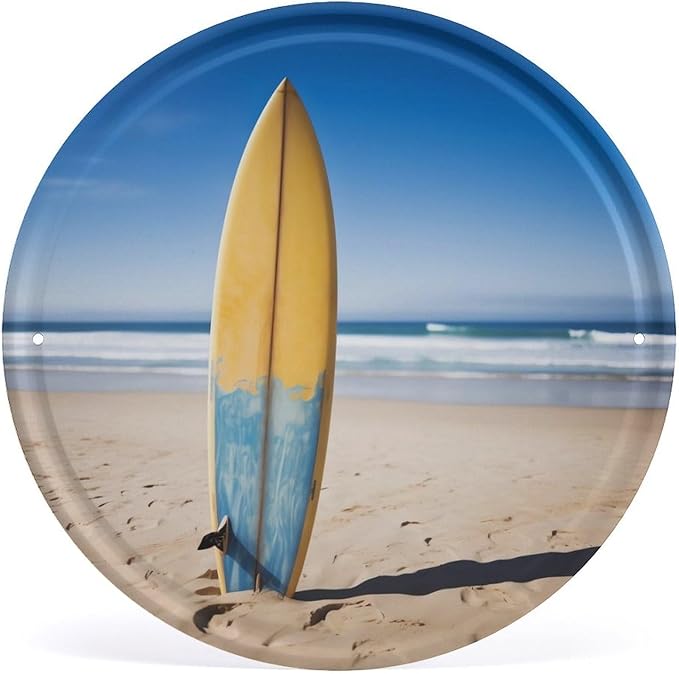 Wall Picture, with Beach Surfboard Printed Circular Iron Hanging Picture,Wall Art Decor,Home for Bedroom Living Room Bathroom Decor,Iron Painting 11.8X11.8 in