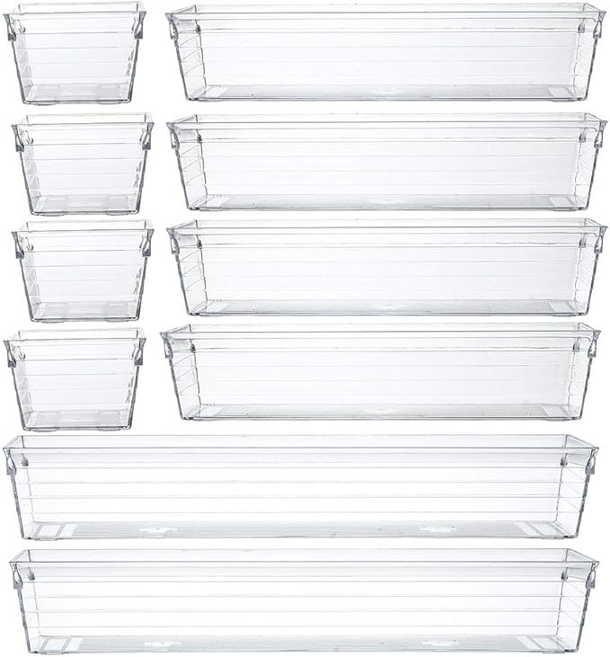 Backerysupply Clear Plastic Drawer Organizer Tray for Vanity Cabinet (Set of 10),Storage Tray for Makeup, Kitchen Utensils, Jewelries, and Gadgets