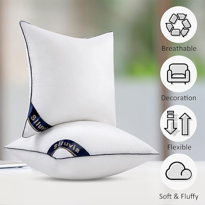 Siluvia Euro Pillows 26x26 Pillow Inserts Set of 2 Square Throw 26 Pillow with 100% Cotton Cover for Sofa, Couch, and Bed - White
