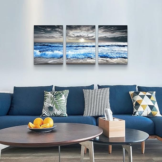 MHARTK66 3 Panel Blue Beach Canvas Wall Art for Home Decor Bedroom Wall painting Sunset White Wave Beach Pictures on Canvas Sea View Canvas Prints Artwork for Wall Decor Living Room Decorations