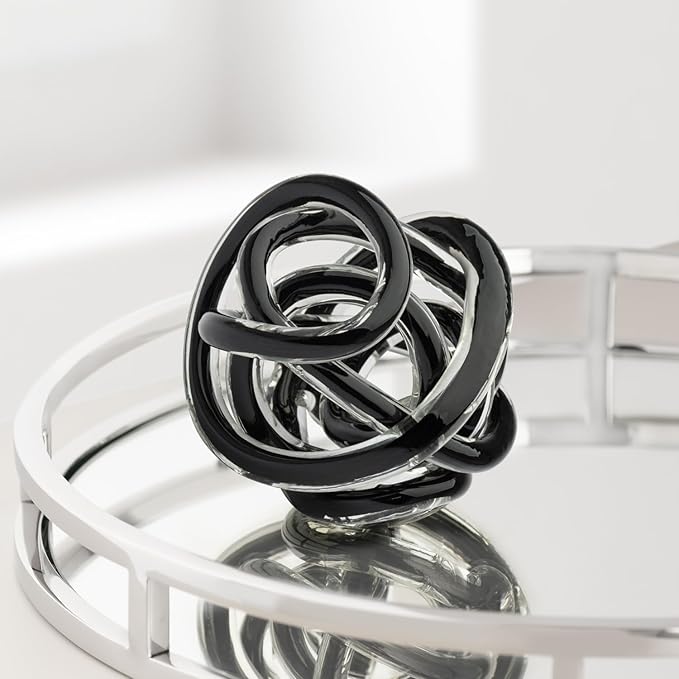 Torre & Tagus Orbit Hand Blown Glass Infinity Knot Sculpture - 4.5 Inch Glass Art Black Knot Decor Ball for Home Decor, Small Centerpiece Table Decoration for Home Interior (Solid Black)