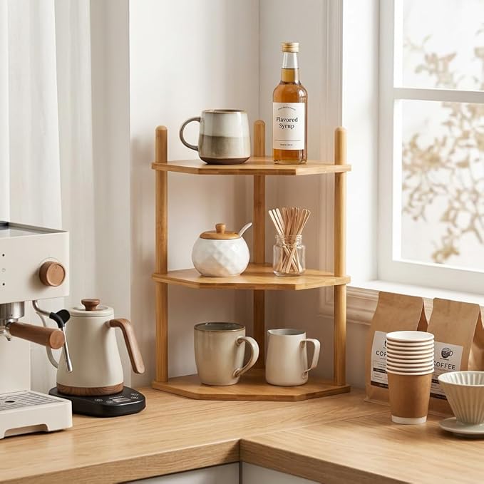 3-Tier Expandable Bamboo Corner Shelf - Dish/Plate Organizer for Cabinet, Kitchen Counter Shelf & Small Kitchen Shelf, Adjustable (Natural, 2-Pc 6.70" H)