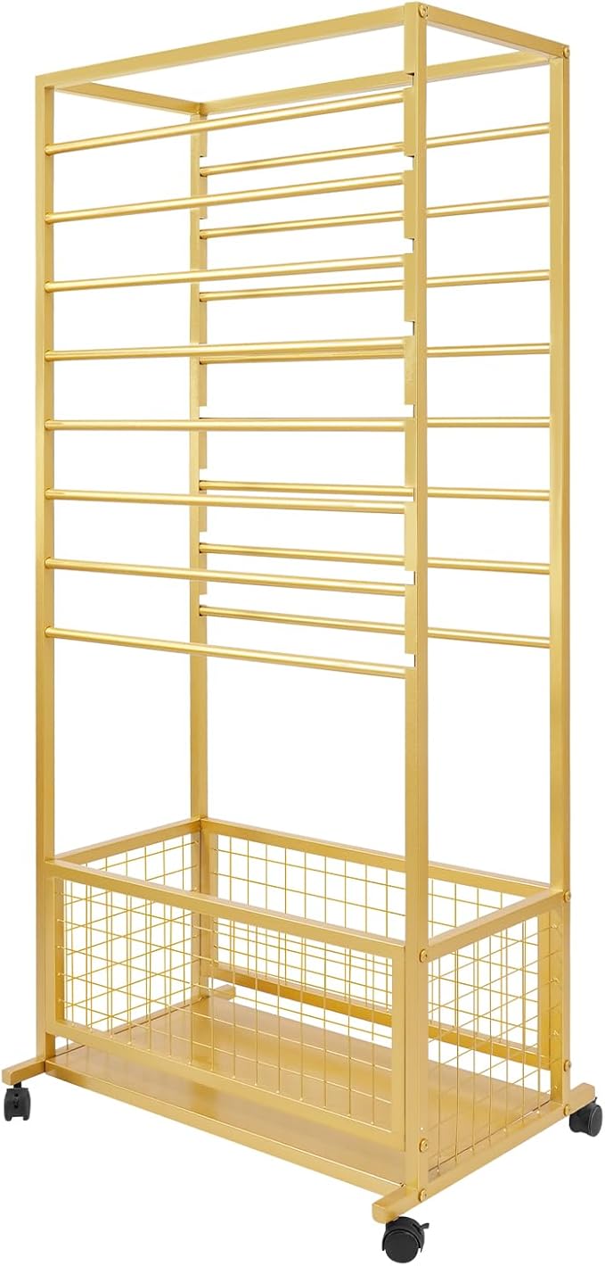 16-Layer Scarf Display Stand, Rolling Scarf Organizer Holder Hanging Rack with Wheels & Storage Basket for Retail Store Boutique Display Bedroom, W26.5*D16.9*H59in (Gold)