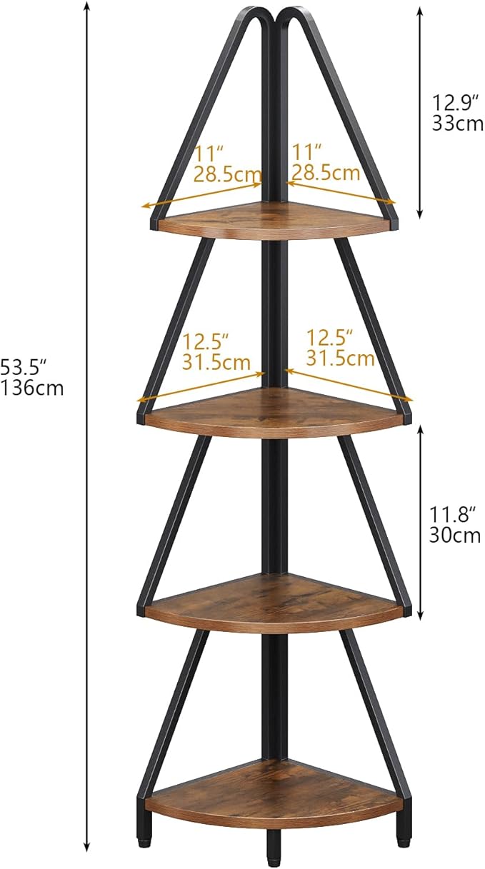 Espelism 4-Tier Corner Shelf Stand, 53.1” Tall Industrial Standing Display Shelf Storage Rack,Narrow Plant Stand,Tree Design Corner Bookshelf for Living Room, Bedroom, Office (Brown, 4-Tier)