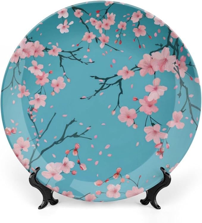 Japanese Spring Theme Decorative Ceramic Plate Round Porcelain Plate,Sakura Tree Branches Pattern,for Decorative Ornaments Giving Plates, 1 Plate with 1 Display Stand,Blue Pink,10 inch