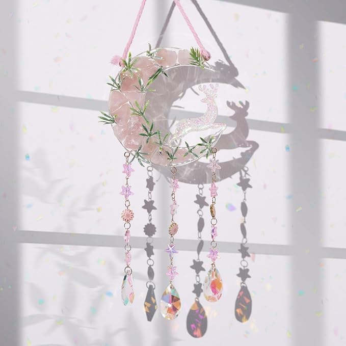 Fairy Pink Forest Deer Crystals Dream Catchers Christmas Gemstone Sun Catcher with Star&Flowers Ornament Handmade Dreamcatcher Wall Decor for Adults Boys Girls Bedroom Wedding Garden Bless Gift