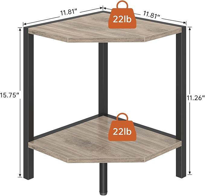 Corner Shelf Stand, 2 Tier Industrial Corner Bookshelf, Multipurpose Standing Corner Display Shelf Countertop Organizer for Living Room Kitchen Bedroom Office, Greige