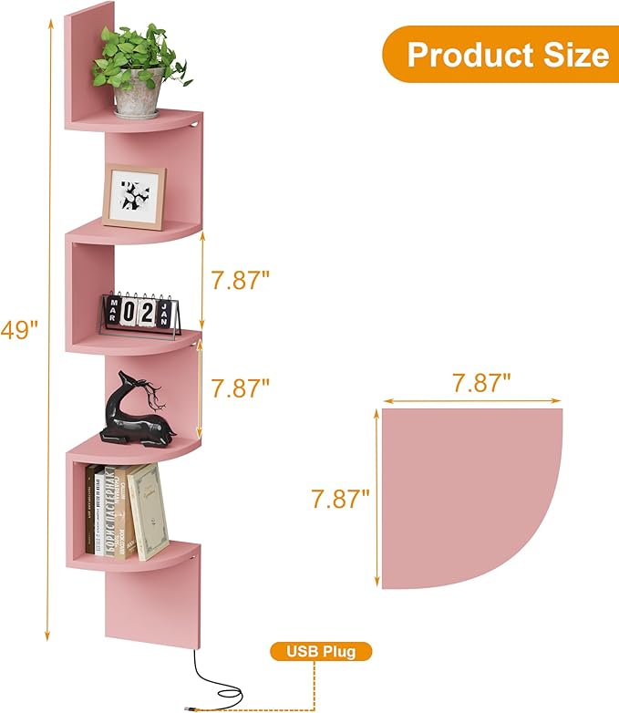 Qupui 5-Tier Corner Shelf with LED Lights, 49 Inch Floating Wall Mounted Corner Shelf for Bedroom Living Room Bathroom, Pink Corner Bookshelf Display Stand with RGB Lighting