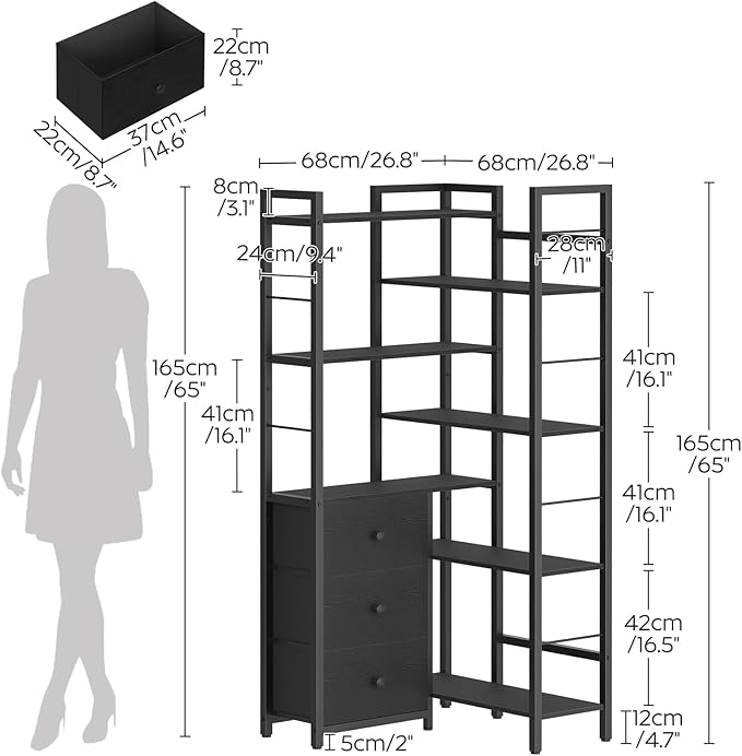YATINEY Corner Bookshelf, 7 Tier L-Shaped Bookcase with 3 Drawers, Storage Corner Shelf, Freestanding Tall Display Shelf, Industrial Style, for Living Room, Home Office, Black SJ10BB