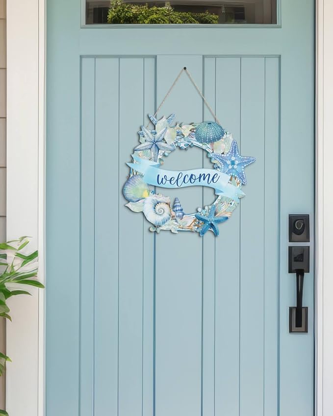 Putuo Decor Beach Wreaths - Ocean Welcome Sign, Wood Material, Summer Beach Decor for Front Door, Sea Turtle Design
