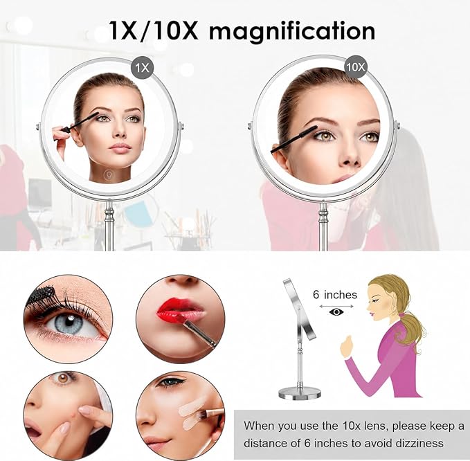 DEIOVWXS Makeup Mirror, 3000mAh Rechargeable Double-Sided Magnifying Vanity Mirror with 3 Colors, 1X/10X, Adjustable Brightness, Gifts for Mom, Mothers Day, Women, Wife, Girls, Dorm Room Essential
