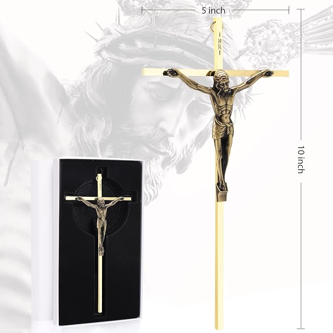 DCCXN Crucifix Wall Cross, Metal Catholic Hanging Cross Wall Decor - 10 Inch, Shiny Gold