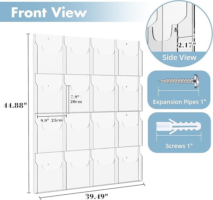 Acrylic Brochure Pamphlet Holder, 16 Magazine Holders, Clear Brochure Display Stand Wall Mount, Trifold Flyer Rack, Literature Storage Rack for Home, Offices, Waiting Room