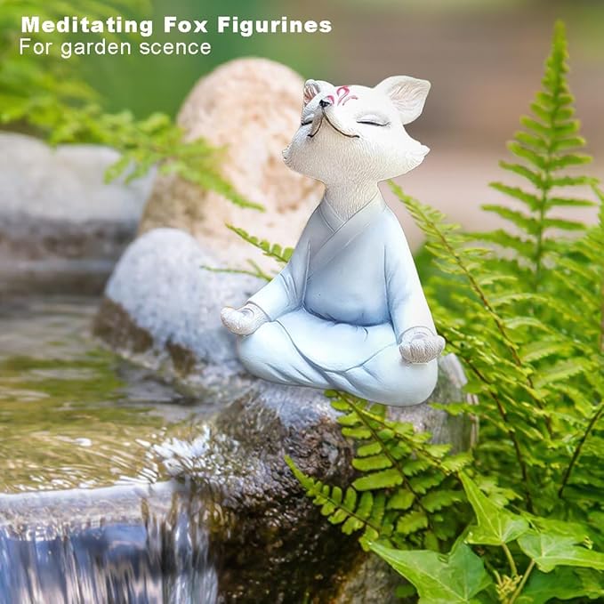 ‌Serene Zen Resin Buddha White Fox Statue - Zen Yoga Figurine & Meditation Sculpture for Office Desk, Bookshelf, Home Decor & Garden. Feng Shui Statue for Women, Plants & Yoga Lovers.