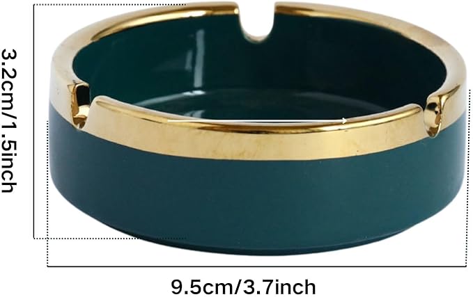 Saim Ceramic Cigar Ashtray for Men - Retro Round Desktop Ash Tray with Gold Edge, Anti-Slip Bottom, for Home Office Patio Outdoor Smoking - Green