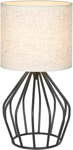HAITRAL Black Modern Table Lamp - Minimalist Small Bedside Lamp with Hollowed Out Base Linen Fabric Shade, Vintage Nightstand Lamp for Bedroom Living Room Side Table Desk Kids Room