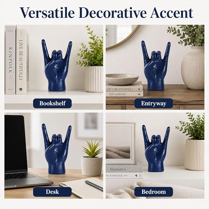 QIANLING 7.7" Blue Resin Rock On Hand Gesture Statue - Rock Culture Music Lovers' Decorative Tabletop Sculpture for Bookshelf, Desk & Mantel Decor in Home or Office, Modern Symbolic Figurine