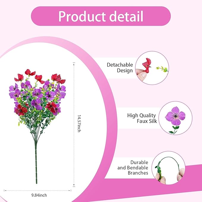 Artificial Faux Plants Flowers Outdoor Spring Summer Decoration, 12 Bundles Fake Silk Colorful Daisy Eucalyptus Realistic UV Resistant for Outside Home Planter Porch Patio Yard Decor (Red Purple)