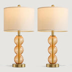 Oneach 25" Amber Glass Table Lamps for Living Room, Glass Modern Table Lamp Set of 2, USB Charging Ports, Linen Shade, Bedside Lamps for Bedroom, Nightstand, Side Table (Bulbs not Included)