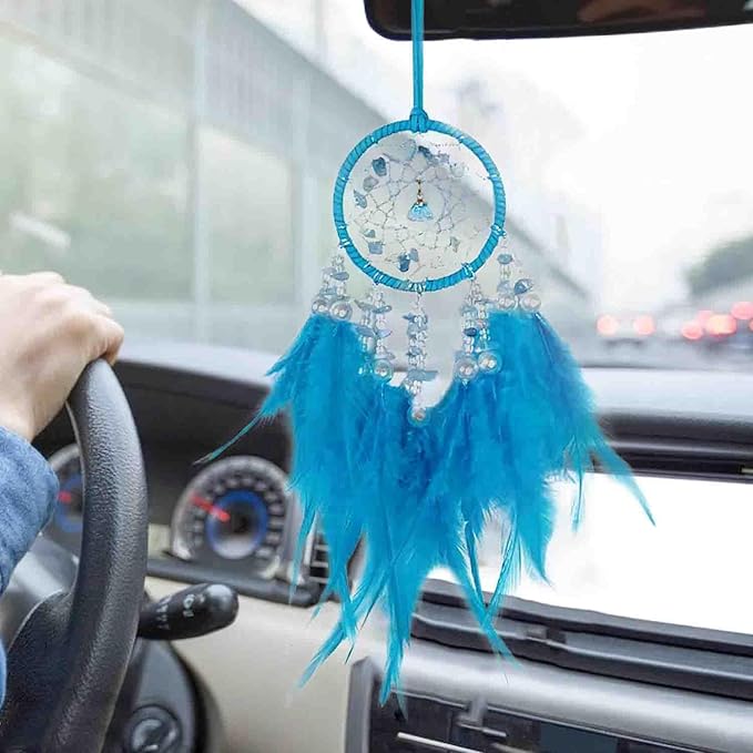 Dream Catcher for Car Rearview Mirror, Hanging Charm Ornament Pendant, Lucky Interior Accessory (Blue)