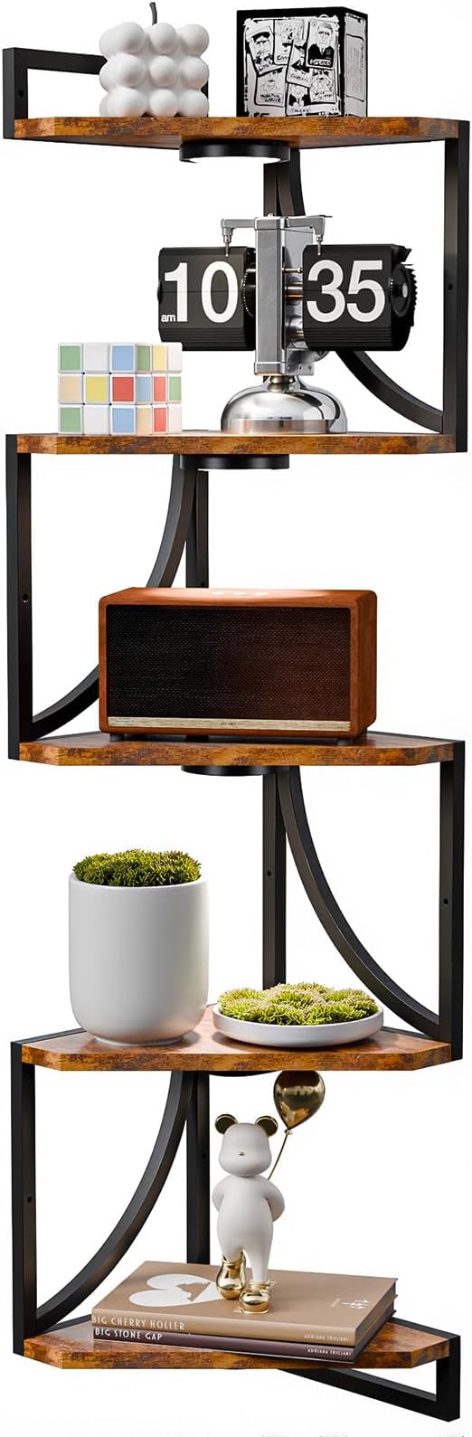 HAAYOT Corner Shelf Wall Mounted with Lights, 5-Tier Floating Metal Shelves for Living Room, Bedroom, Rustic Brown