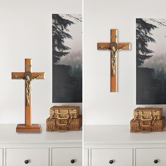 KUXBET Crucifix Cross Catholic 10.7 Inch Wooden Jesus Christ Wall Cross Stand, Hanging or Tabletop with Stand for Home Decor (10.7" L x 5.0" W)