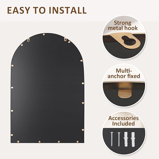 Antique Gold 24"x36" Arched Wall Mirror with Metal Beaded Frame - Decorative Accent Wall Mirror for Bathroom, Bedroom, Living Room, Entryway