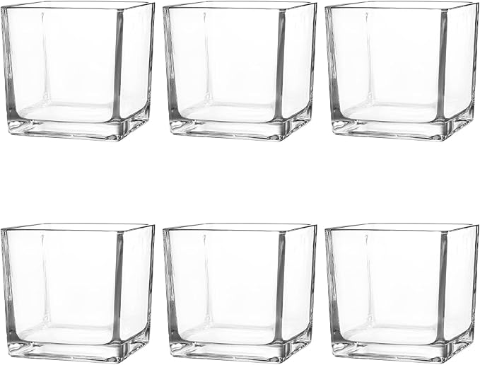Set of 6 Square Glass Vases 4" x 4" x 4", Clear Flower Vase, Plant Terrarium, Candle Holder for Wedding Centerpiece, Office Decorations, Home Décor, Parties and Events