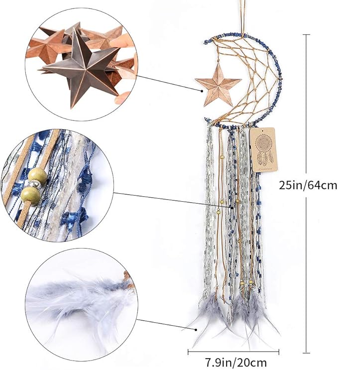 Dremisland Blue Dream Catcher Handmade Half Circle Moon Design Dream Catcher Feather Hanging with Star Home Decoration Ornament Festival Gift (Moon& Star)