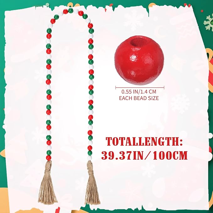 Equsion Seasonal Wooden Bead Garland with Tassels, 3.3 ft Holiday Vintage Boho Bead Garland Easter Tray Decoration, Vase Wall Room Art Birthday Party Decoration(Christmas Colors)