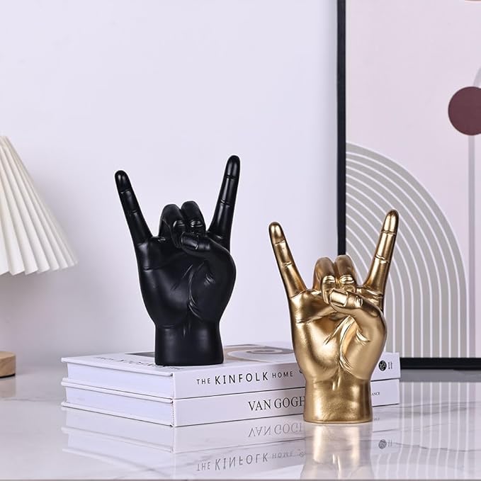 QIANLING 7.7" Gold Resin Rock On Hand Gesture Statue - Rock Culture Music Lovers' Decorative Tabletop Sculpture for Bookshelf, Desk & Mantel Decor in Home or Office, Modern Symbolic Figurine