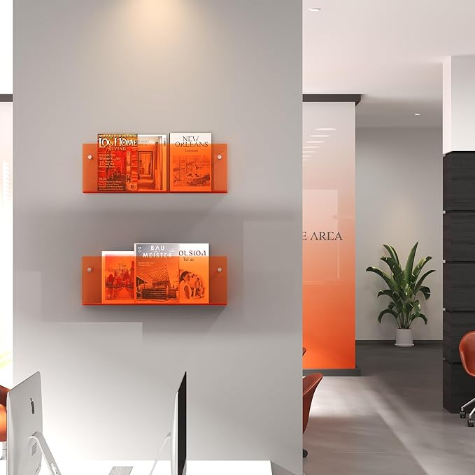 Acrylic Magazine Holder, 2 Pack Hanging Bookshelf Magazine Rack, Wall Mounted Floating Brochure Display for Waiting Room, Office, Home (Orange, 17 Inch)
