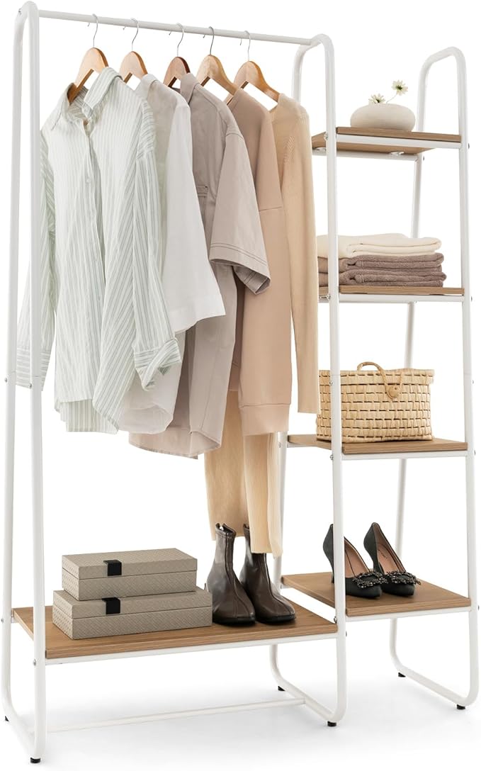 Tangkula Garment Rack with Shelves, Clothes Rack with 5 Shelves & Hanging Bar, Open Wardrobe for Hanging Clothes and Storage, Free Standing Closet Organizer, Clothing Rack for Bedroom Entryway