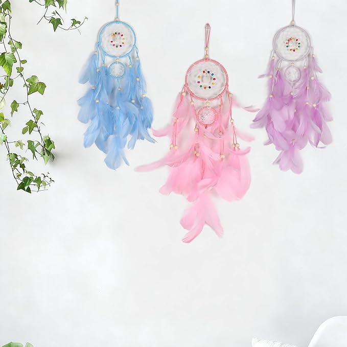 Dream Catcher for Girls Bedroom Wall Decoration, 4.4" x 18" Traditional Circular Net Wall Hanging Home Decor,Pink