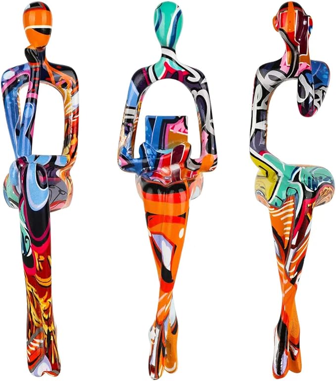 3-Piece Graffiti Abstract Women Thinker Sculptures, Colorful Resin Modern Art Figurines for Home Living Room Office Shelf Table Desk Bookshelf Decor