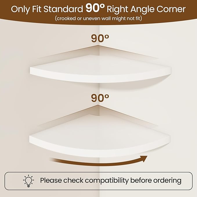 Fun Memories Corner Shelf Wall Mount, Solid Oak Wood Floating Corner Shelves with Cable Hole, 8.5in Rustic Design for Bedroom, Bathroom, Kitchen, Living Room (White, 1 Pack)