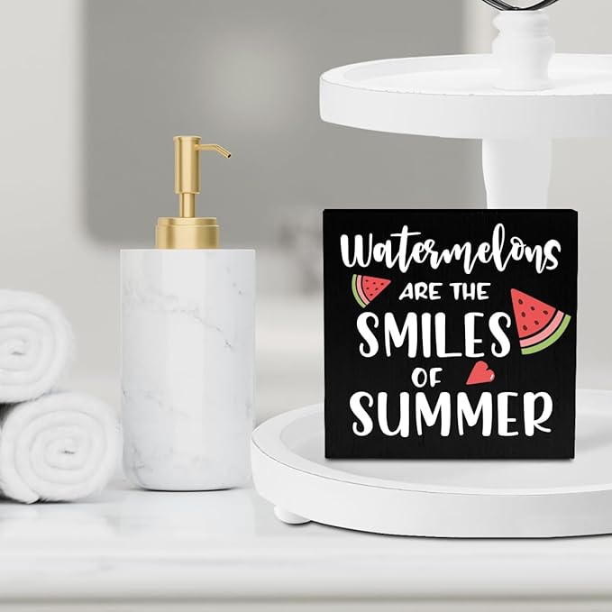 IYEZH Summer Decor Watermelon Wood Box Sign 5 x 5 Inches Desk Decor Rustic Country Wooden Square Sign Decor Watermelon Summer Decorations for Home Beach House Outdoor Shelf Wall Farmhouse Table Shelf