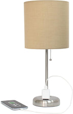 Oslo 19.5" Contemporary Bedside Power Outlet Base Standard Metal Table Desk Lamp in Brushed Steel with Tan Drum Fabric Shade