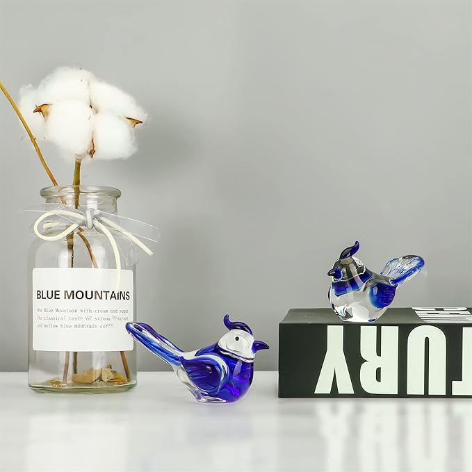 HDCRYSTALGIFTS 3.5inch Mini Blown Glass Bird Figurines Collectibles Handmade Glass Miniature Blue Jay Statue Ornament Home Table Decor Crystal Animal Paperweight Gift for Mom Women