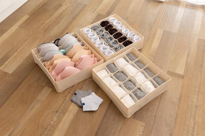 ALYER Collapsible Fabric Drawer Organizer Divider,Closet Storage Box Bins Containers for Panties,Underwear, Ties,Bras, Socks, Lingerie (Beige-24 Cells)