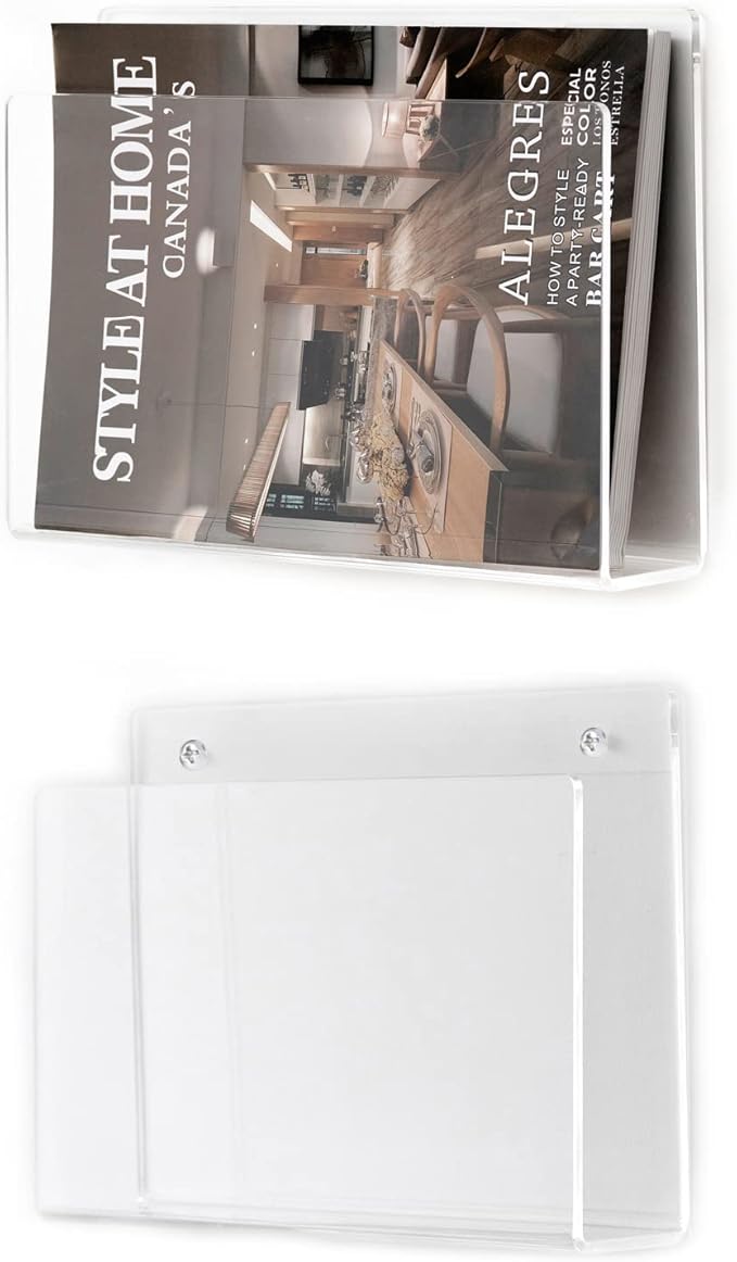 2 Pcs Magazine Holder, Wall Mount Clear Acrylic Magazine Rack, Organizer Folder, Bookshelf, File Storage Rack for Waiting Room, Living Room, Office, Home Display