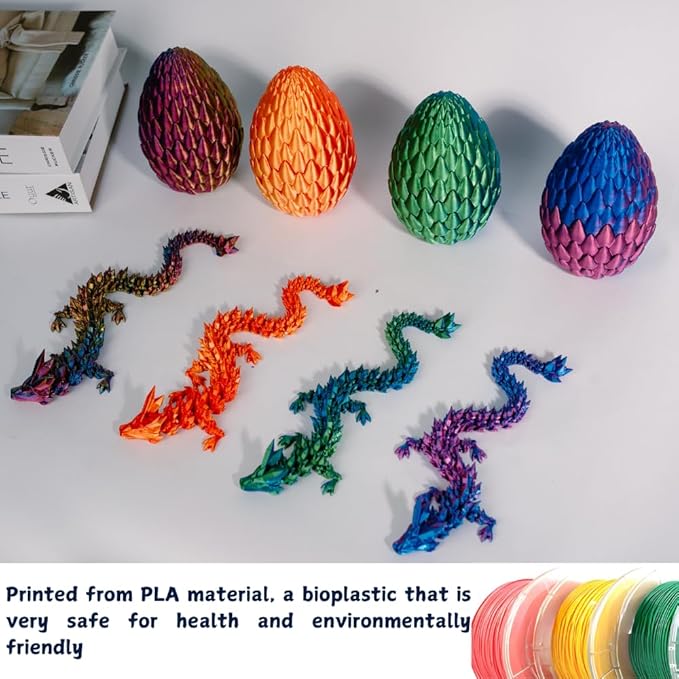 POIVOCF 3D Printed 12” Articulated Crystal Dragon Inside 5.1” Egg – Fantasy Collectible, Fidget Toy & Stocking Easter Basket Stuffers for Home & Office Decor (Multicolor).