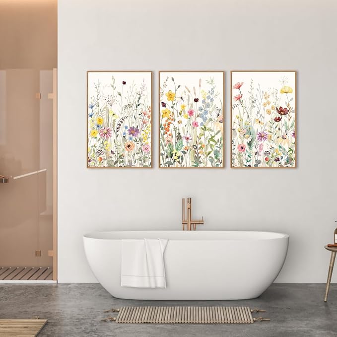 BINCUE Large Framed Floral Canvas Wall Art Colorful Wildflower Pictures Wall Decor Wildflower Artwork Flowers Pictures Floral Home Decor for Living Room Bedroom Office Farmhouse 16x24 Inches Set of 3 Gift