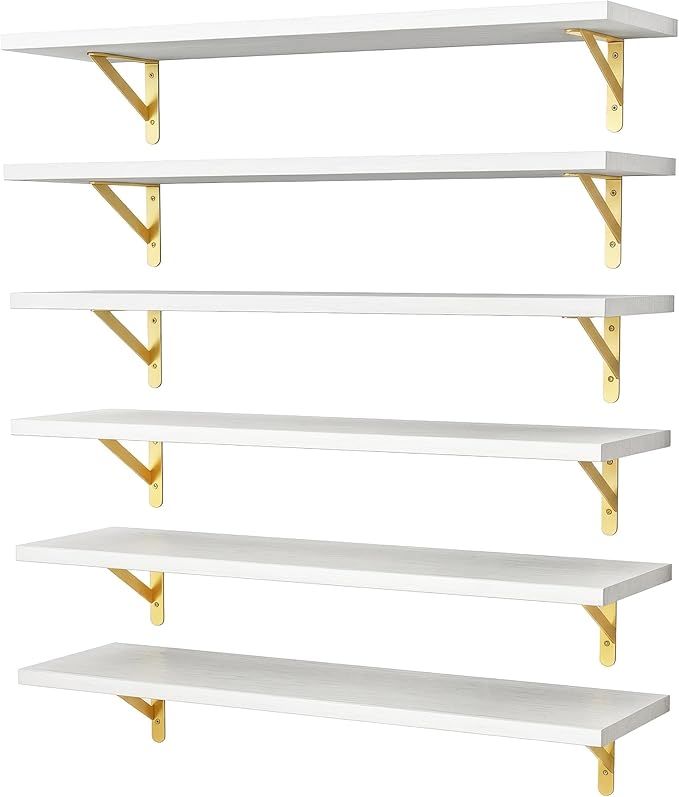 YGEOMER White Floating Shelves for Wall, Farmhouse 23.6 Inch Wall Shelves for Bedroom, Bathroom Storage, Living Room and Kitchen Decor (Set of 6 White)