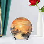 Decorative Plates for Wall Hanging, Ancient Chinese Mountain & Pavilion Landscape Ink Painting Ceramic Plate with Display Stand, Home Decor for Kitchen Cabinets, Farmhouse Round Tray 6 Inch