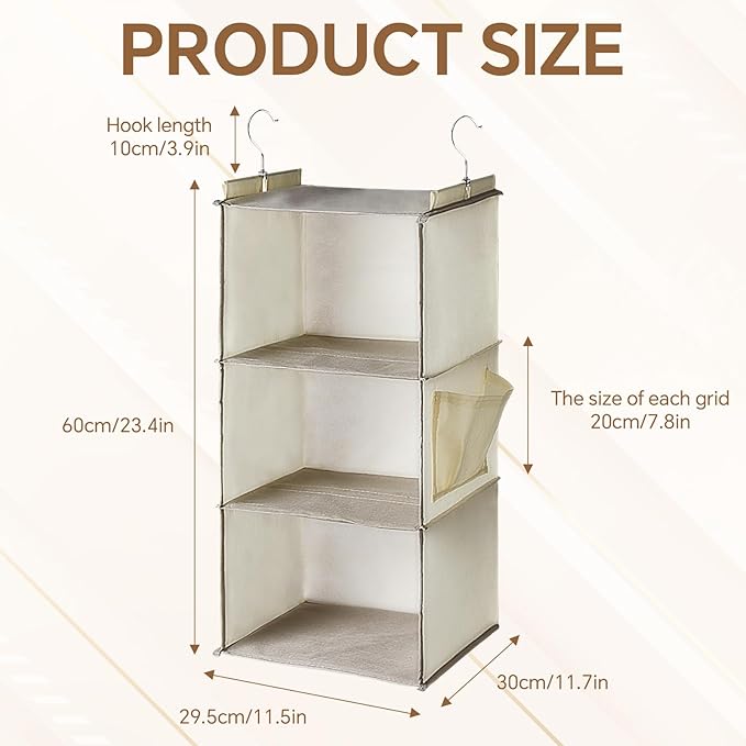 Leinuosen 4 Pack 3 Tier Hanging Closet Organizer Foldable 3 Shelf Closet Hanging Shelves with Side Pockets and Sturdy Hooks for Wardrobe Rv Nursery Small Closets Natural Beige