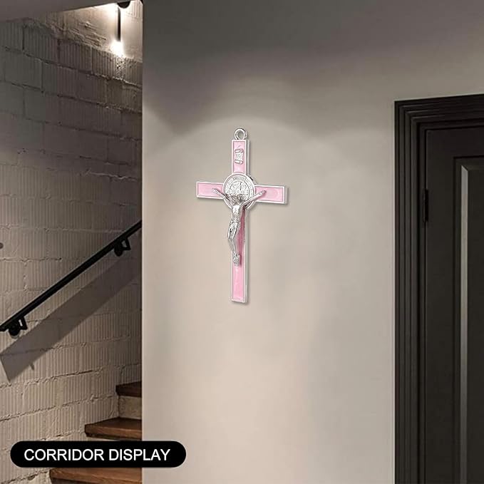 VINETEN Crucifix - Saint Benedict Crucifix Wall Cross Give Blessing and The Spiritual Sacred Pink Enamel Wall Cruciifx for Girl 5 Inch