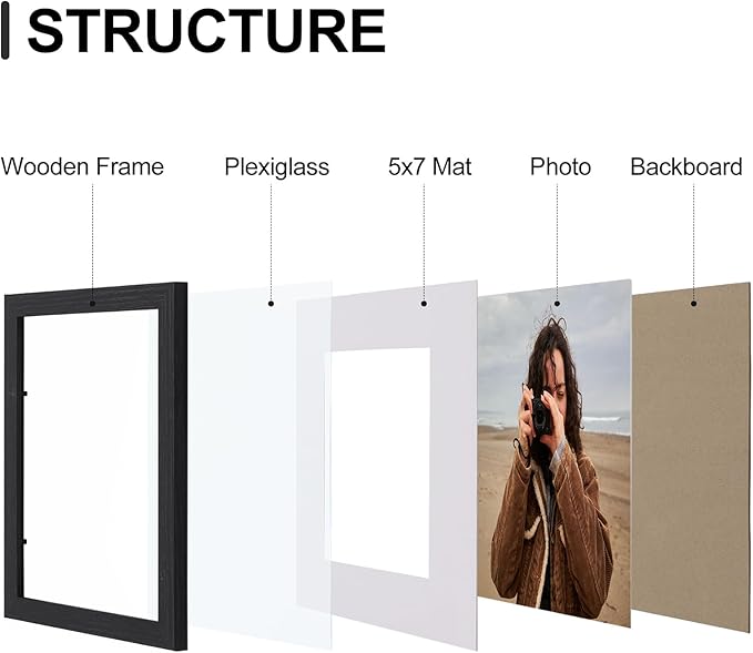 Vittanly 8x10 Picture Frames Set of 9, Shatter Resistant Plexiglass, Display 5x7 Pictures with Mat or 8x10 without Mat, Photo Frames for Wall or Tabletop, Engineered Wood, Black