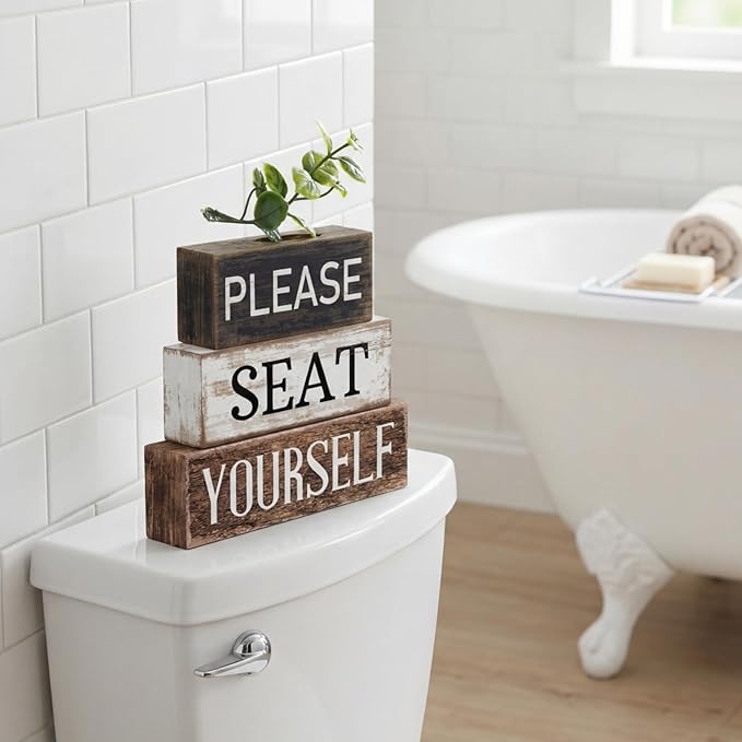 Moucuny 4 Pcs Bathroom Shelf Decor Farmhouse Bathroom Decor and Accessories Please Seat Yourself Sign Rustic Eucalyptus Leaves Wood Block Sign Gift Home Table Centerpiece for Home Office